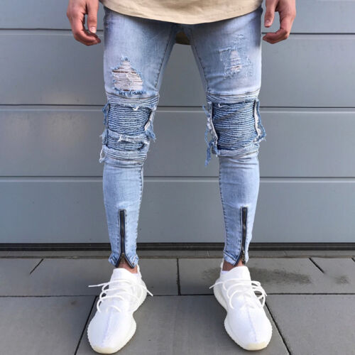 Mens Skinny Jeans Destroyed Frayed Slim Fit Ripped Denim Pants 28 30 32 34 36 38