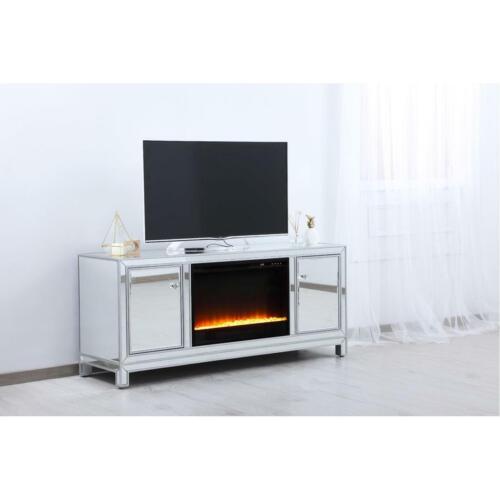 MIRRORED TV STAND WITH CRYSTAL FIREPLACE INSERT COMBO CABINET ANTIQUE SILVER 60/"