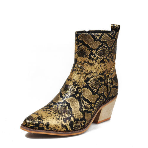 Details about / Womens Ankle Boots Snake Print Block Mid Heel Booties Pointed Toe Party Shoes