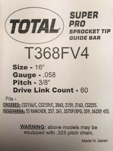 20/" Total Super Guide Bar 72dl T208FV4 .063 gauge 3//8 pitch Sprocket Nose