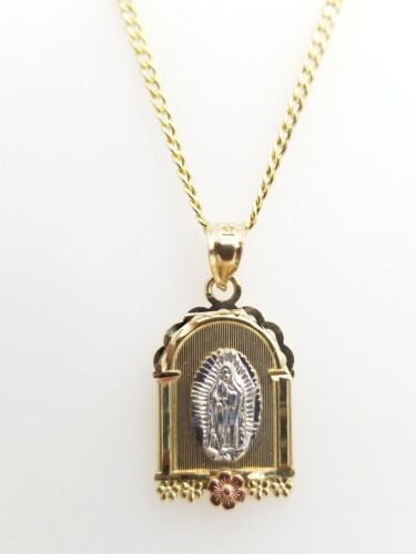 Details about  &nbsp;Real 14k Tri Gold Religious Virgin Mary Vintage Charm Pendant Cuban Chain 20&#034;
