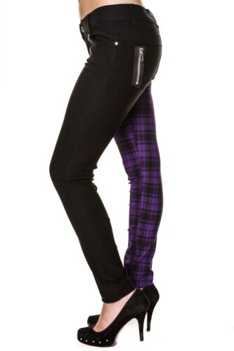 Purple Tartan Check Black Split Legs Skinny Stretch Rock Trousers Banned Apparel 