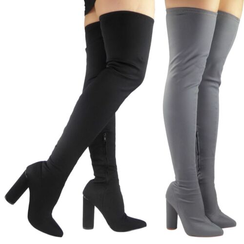 LADIES WOMENS OVER KNEE THIGH HIGH BLOCK HEEL STRETCH POINT TOE BOOTS SHOES SIZE