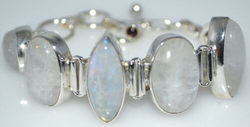Chunky 35 Grams Rainbow Moonstone Bracelet Natural Gemstones Sterling 925 Silver