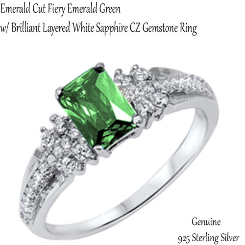 Emerald Cut Fiery Emerald Green Sterling Silver Ring