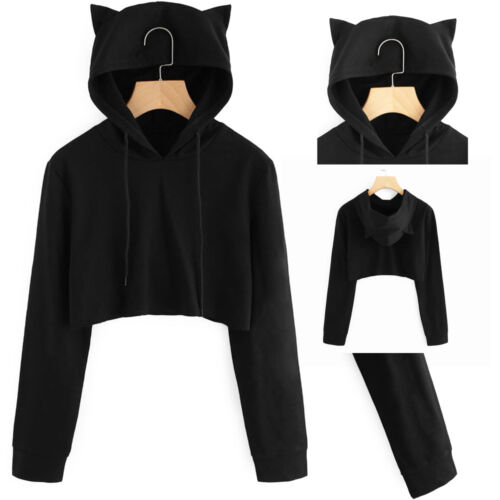 Womens Sweatshirt Hoodie Crop Top Solid Cat Ear Long Sleeve Cropped Pullover BN 