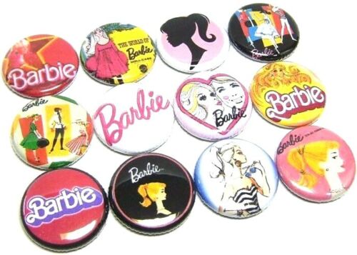 12 BARBIE DOLL ONE Inch Buttons 1/" Pinback Inspired Pins Vintage Logos Girl