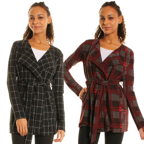 WOMENS Ladies TARTAN CARDIGAN Top Spring Tie Up Jacket WINE BLACK 8-16