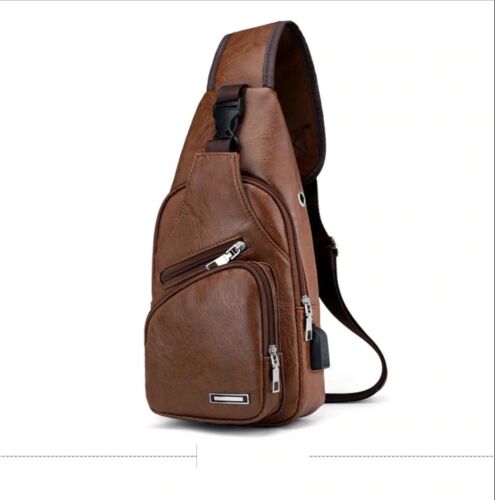 PU Leather Men’s Vintage Sling Waist Travel USB Charger Chest Pack Bag