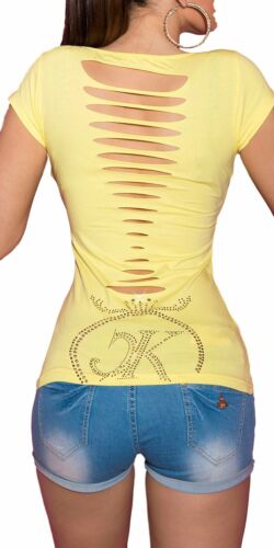 T-shirt maglietta donna manica corta tagli vivi schiena logo strass borchie new