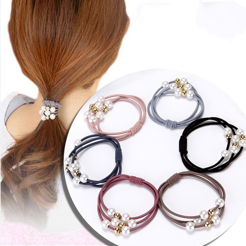 5Pcs Women Girls Hair Ties 7Types Flowers Pearls Hair Band Rope Ponytail Holder