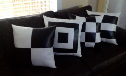 Accent Decorative leather pillow black white blocks throw case cushion cover