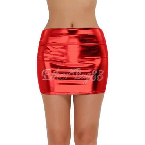 Women Shiny Leather High Waist Bodycon Pencil Short Mini Skirt Tight Clubwear 