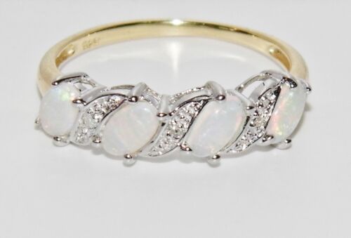 size O 9CT YELLOW GOLD /& SILVER OPAL /& DIAMOND LADIES ETERNITY RING