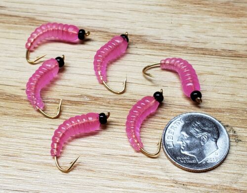 Trout Pan Fish, 6 #12  BH Grub Worms Trans Pink  Wet Fly Crappie