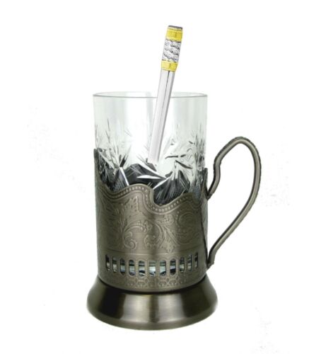 18-pc Set Russian Tea Glass Holders Podstakannik /& Cut Crystal Glasses /& Spoons