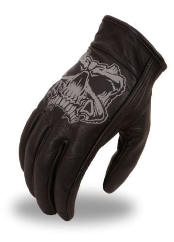 Biker Mens Short Leather Motorcycle Gloves Reflective Skull First MFG