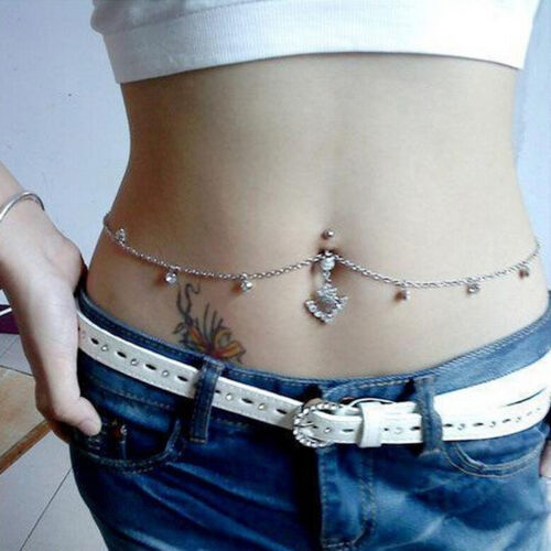 Crystal Rhinestone Navel Ring Belly Button Bar Waist Chains Body Pierce JewRDFU