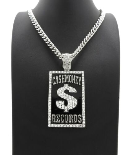 Hip Hop Iced Silver PT CASHMONEY RECORD Pendant & 6mm 24" CUBAN CHAIN NECKLACE 