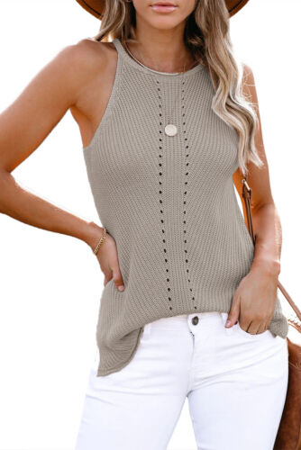 Women Summer Sleeveless Keyhole Knit Tank Tops Vest Blouse T-shirts Solid Casual
