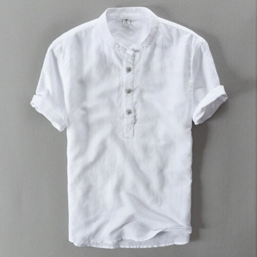 Mens Linen Cotton T-shirt Henley Button Neck Grandad Tops Tee Shirt Short Sleeve 