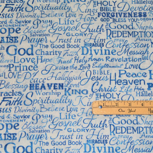 Blue Serenity Faith Love Hope Jésus Amen religieux tissu de coton 1//2 yard #C4720
