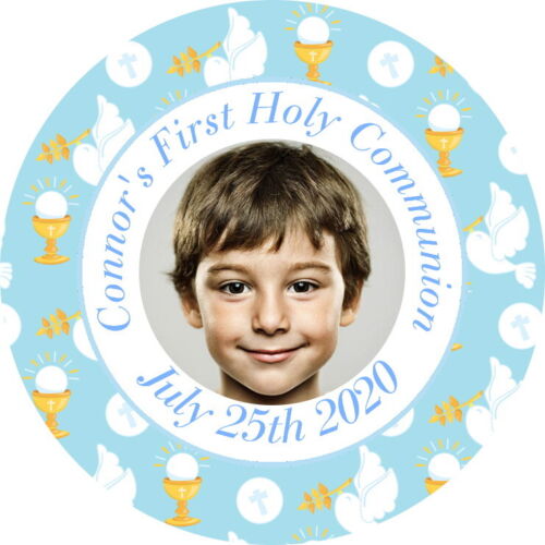 PERSONALISED GLOSS BLUE  HOLY COMMUNION LABELS CONFIRMATION PHOTO STICKERS
