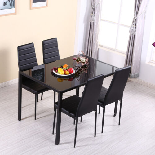 Tempered Glass Top Dining Table Chairs Set Kitchen Dinner Furniture Metal Frame