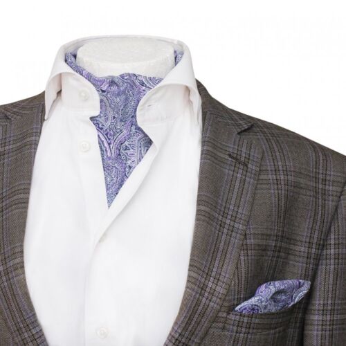 Mens Premium Ascot Classic Lilac /& White Paisley Cotton Cravat Handkerchief Set