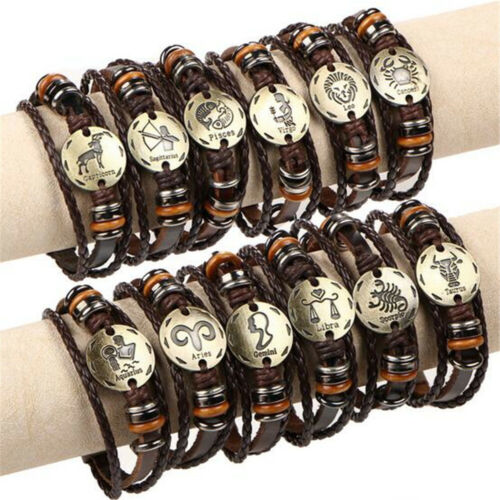 Mens Personalised Leather Braided Bracelet /& Various 12 Constellation ENGRAVING
