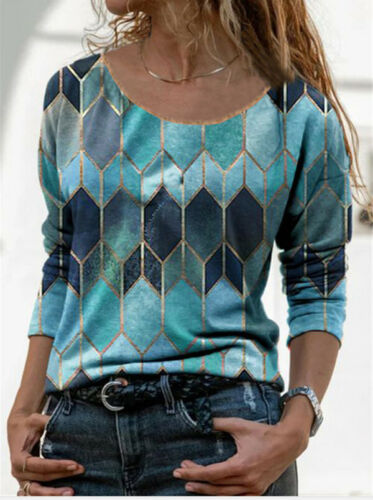 Women Casual Long Sleeve T Shirt Loose Top Geometric Print Pullover Blouse S-3XL