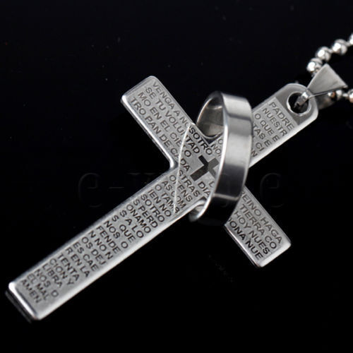 LORDS PRAYER Cross Necklace & Pendant Stainless Steel SILVER BLACK OR BLUE UK 