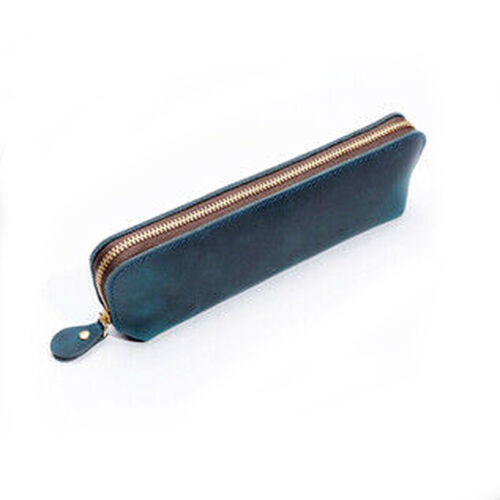 Handmade Vintage Genuine Cowhide Long Pen Bag Zipper Makeup  Pencil Case Storage