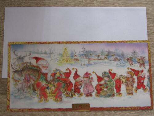 Einfache Postkarte mit weißen Umschlag Lisi Martin Weihnachtsmann mit Wichteln