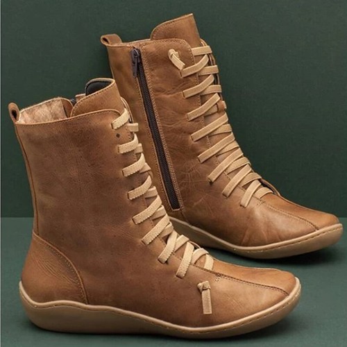 Damen Flache Winterstiefel Retro Lederschuhe Schlupf Stiefeletten Ankle Boots