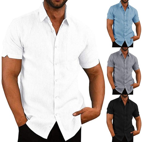 Mens Linen Short Sleeve Summer Solid Shirts Casual Loose Dress Soft Tops Tee New