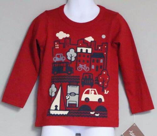 TEA COLLECTION BOY/'S LONG SLEEVED RED TEE T-SHIRT CAR BOAT CITY SCAPE NEW
