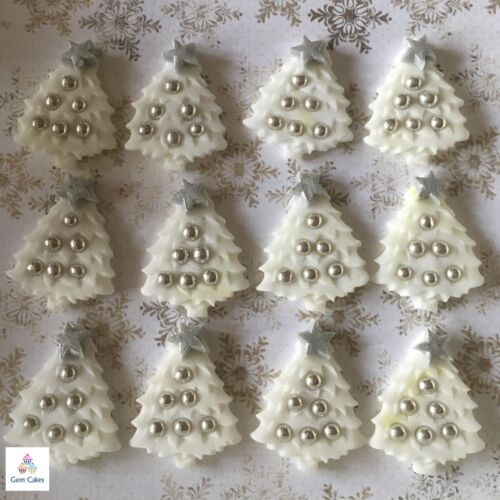 12 Edible Christmas Trees White /& Silver Sugar Cake Cupcake Toppers Decorations