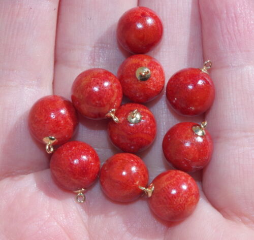 PETITE UNDYED 14k GF OX RED BLOOD SARDINA & SOUTH SEA RED CORAL BALL EARRINGS 