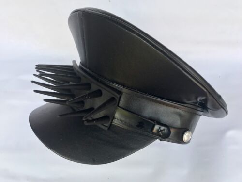 Military Style Black Leather Look Hat With Rubber Spikes 58cm 