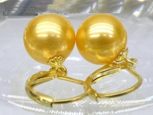 14K solid gold Huge AAA round 16mm south sea golden shell pearl earrings