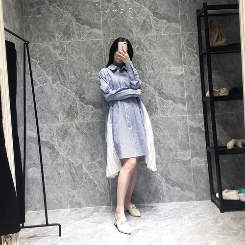 2019 Womens Designer Inspired Striped Pleated Oversized Shirt Dress