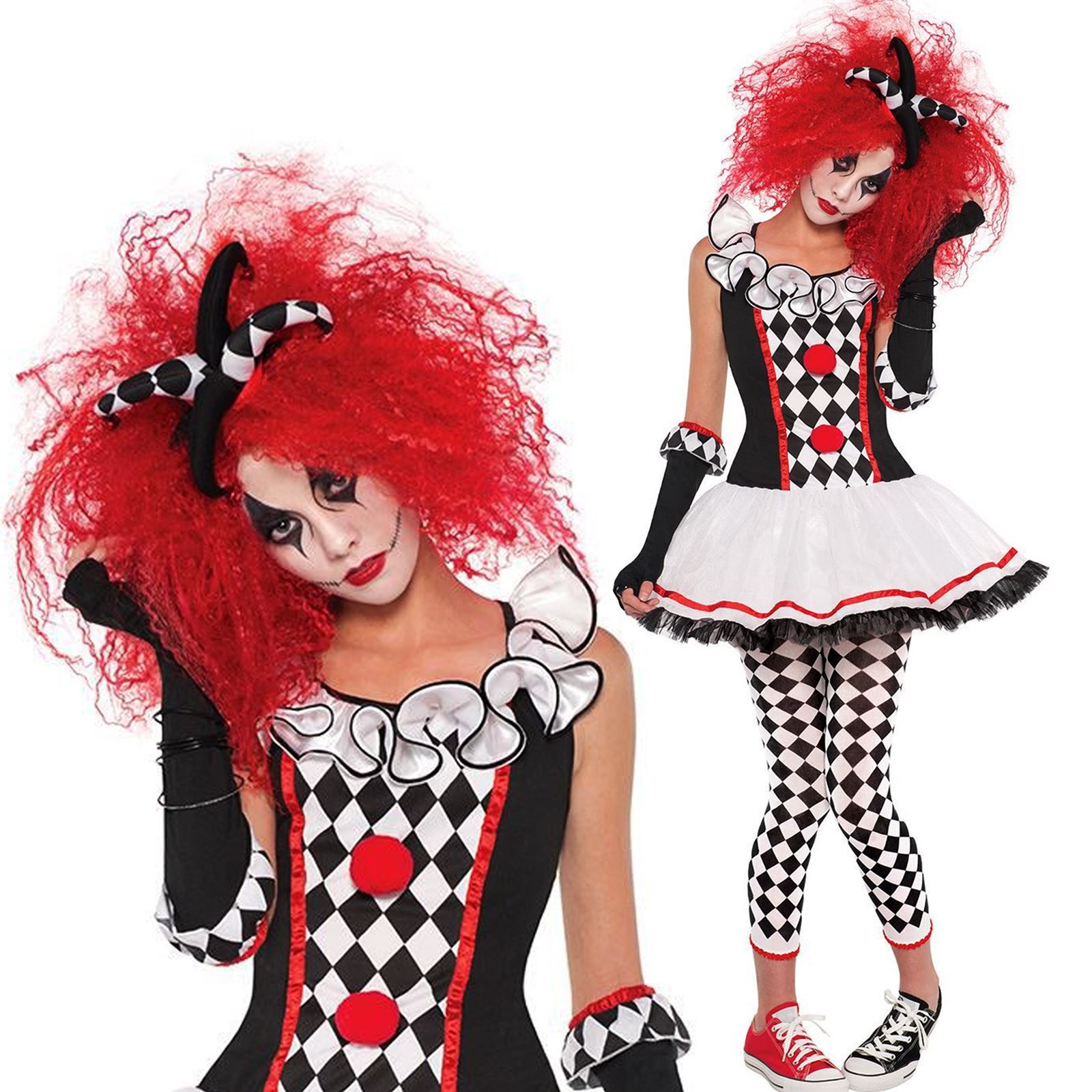 Harlequin Honey Jester Halloween Fancy Dress Costume Women Clown Outfit