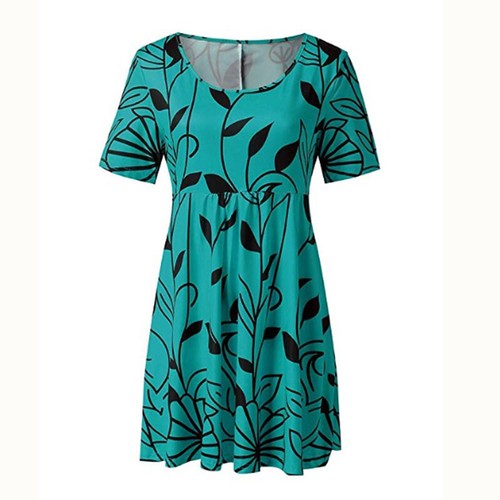 Womens Round Neck Short Sleeves Loose High Waist Swing Midi Dresses Plus Size