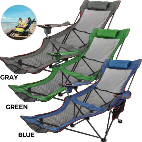 Green//Blue//Gray Reclining Folding Camp Chair W// Footrest Lounge Gray Chaise
