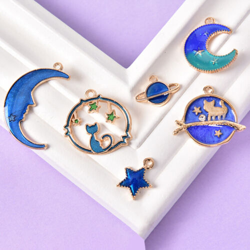 8Pcs Enamel Cat Moon Star Earth Planet Charms Pendants DIY For Jewelry Making 