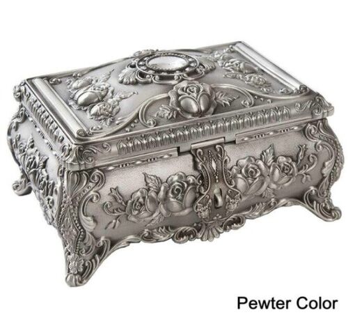 Details about   Vintage Jewelry Box 2 Layers Metal Art Craft Flower Carved Stone Decor Gift 