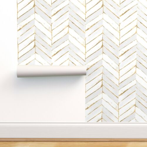 Peel-and-Stick Removable Wallpaper Chevron White Gold Herringbone 