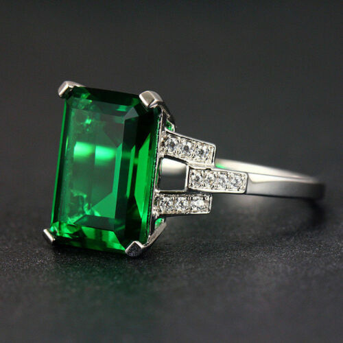 size Emerald Green Solitaire Created Diamond 3 Stone Ring Sterling Silver