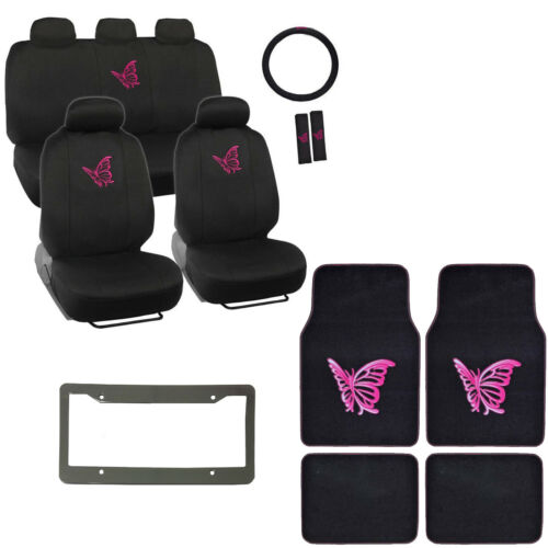 PINK Butterfly Logo Black Car Seat Covers Floor Mats & Steering Wheel Cover Set